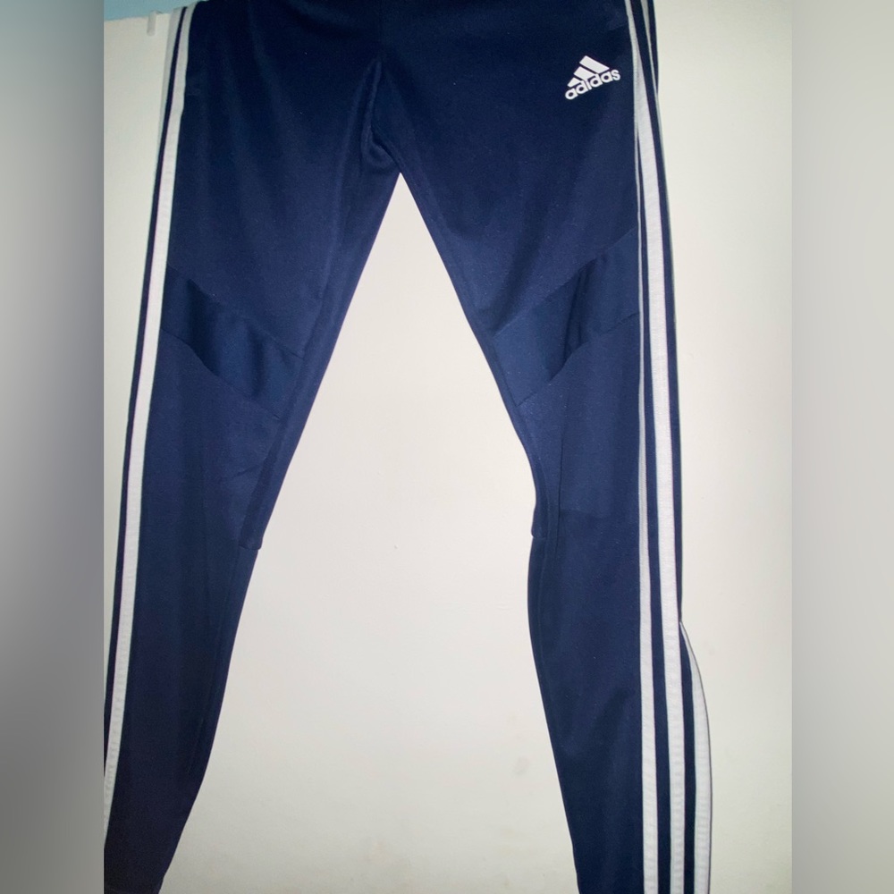 Navy blue adidas joggers w/ stripes